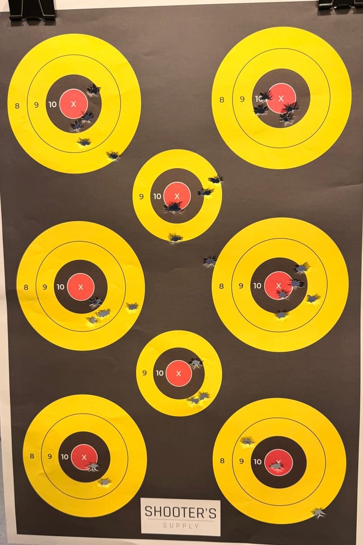 A shot 8-bull target, photographed at the range